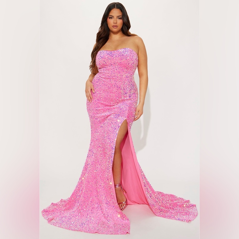Fashion Nova Vibrant Pink Sequin Gown with Gold Sparkle